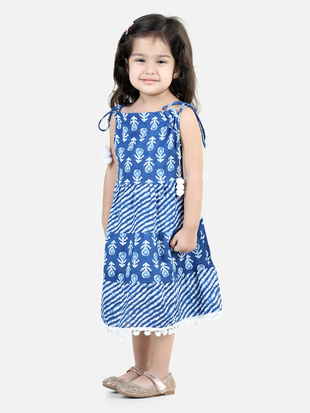 100% Cotton Printed Tier Frock For Girls- Blue