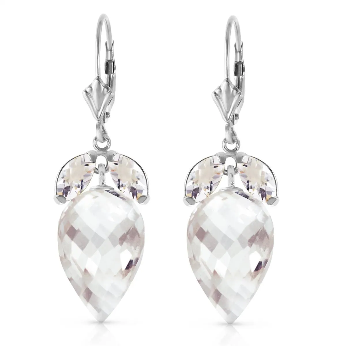 25.5 Carat 14K Solid White Gold Earrings Pointy Briolette White Topaz