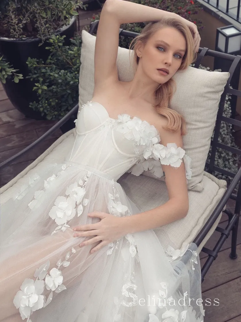 A Line 3D Flower Floral Lace See Through Sweetheart Neck Wedding Dresses MLD004