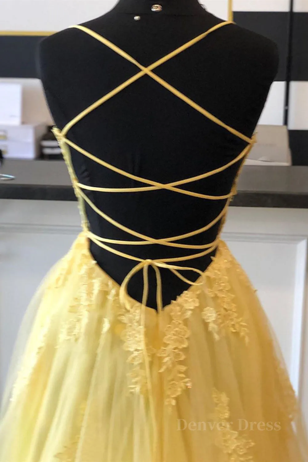 A Line Backless Yellow Lace Floral Long Prom Dress with High Slit Open Back Yellow Lace Formal Dress Yellow Lace Evening Dress