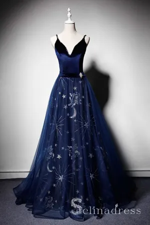 A-line Deep V neck Dark Navy Velvet Tulle Long Pageant Prom Dress Evening Dresses SED053