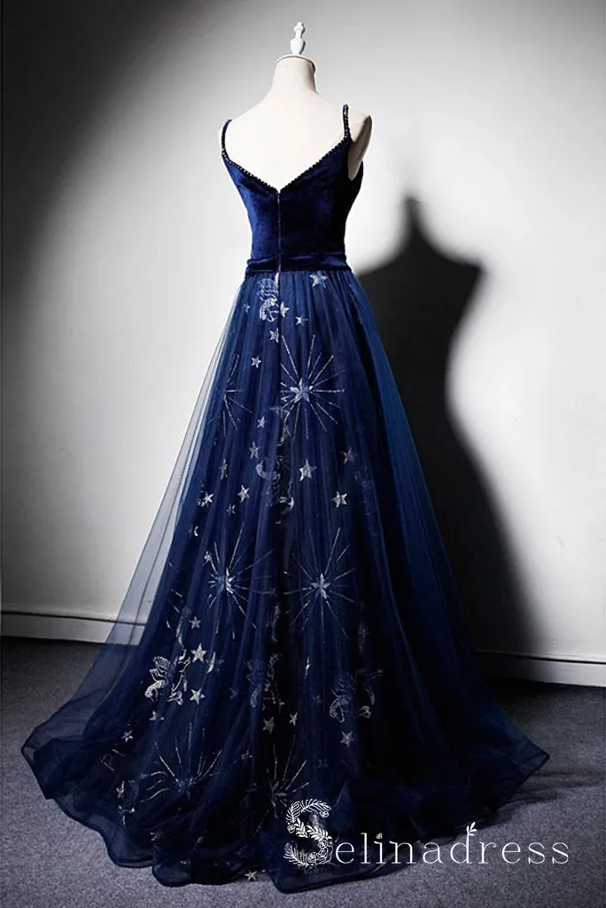 A-line Deep V neck Dark Navy Velvet Tulle Long Pageant Prom Dress Evening Dresses SED053