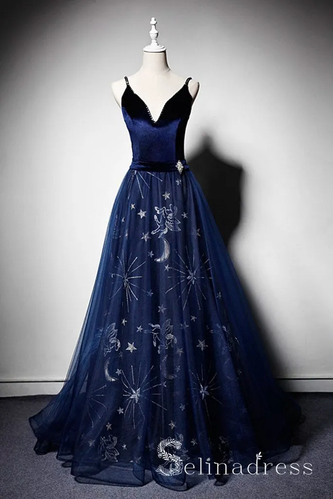 A-line Deep V neck Dark Navy Velvet Tulle Long Pageant Prom Dress Evening Dresses SED053