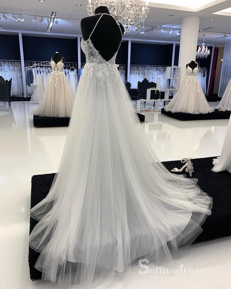 A-line Halter See Through Embroidery Wedding Dress Rustic Backless Bridal Dresses RYU017