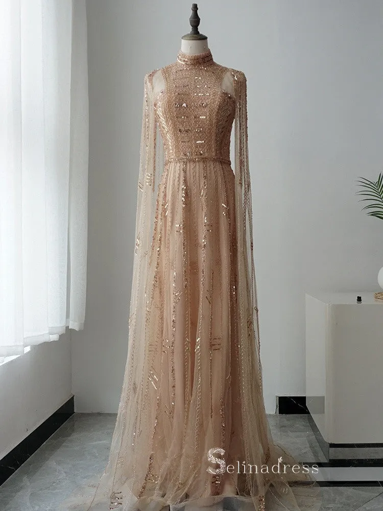 A-line High Neck Beaded Luxury Long Prom Dresses Evening Dresses ASB010