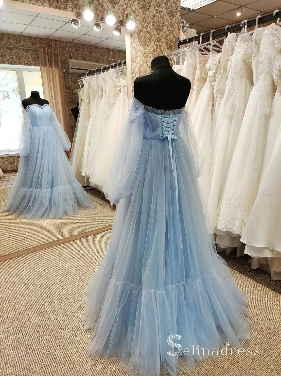 A-line Off-the-shoulder Cheap Long Prom Dresses Sky Blue Evening Gowns MHL2827