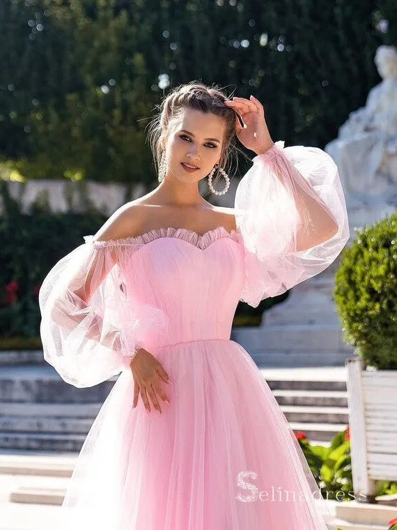 A-line Off-the-shoulder Cheap Long Prom Dresses Sky Blue Evening Gowns MHL2827