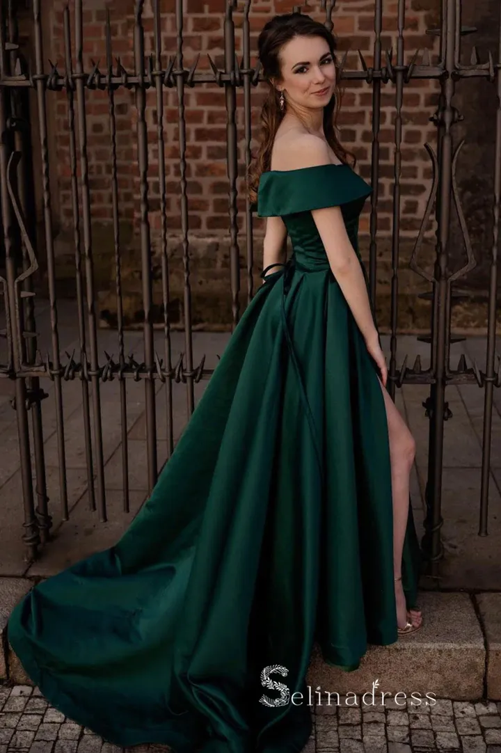 A-line Off-the-shoulder Dark Green Long Prom Dress Cheap Satin Evening Gowns POL015