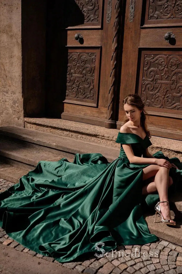 A-line Off-the-shoulder Dark Green Long Prom Dress Cheap Satin Evening Gowns POL015