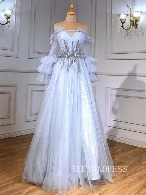 A-line Off-the-shoulder Long Sleeve Beaded Prom Dress Evening Formal Gown hlks014