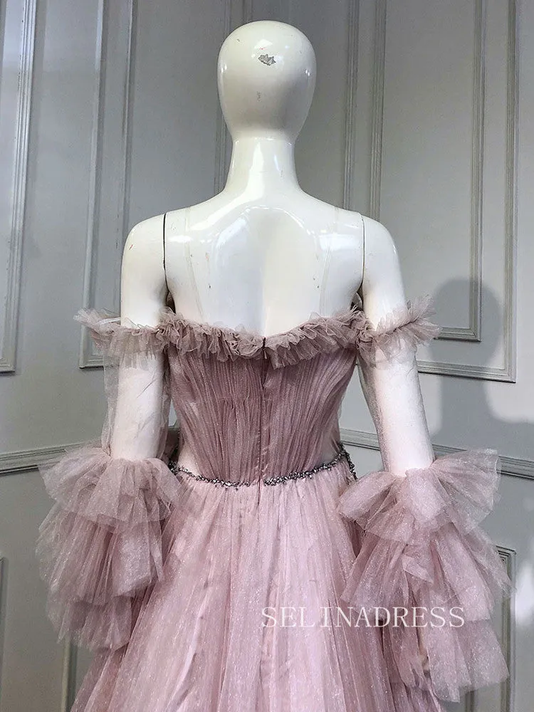 A-line Off-the-shoulder Long Sleeve Beaded Prom Dress Evening Formal Gown hlks014