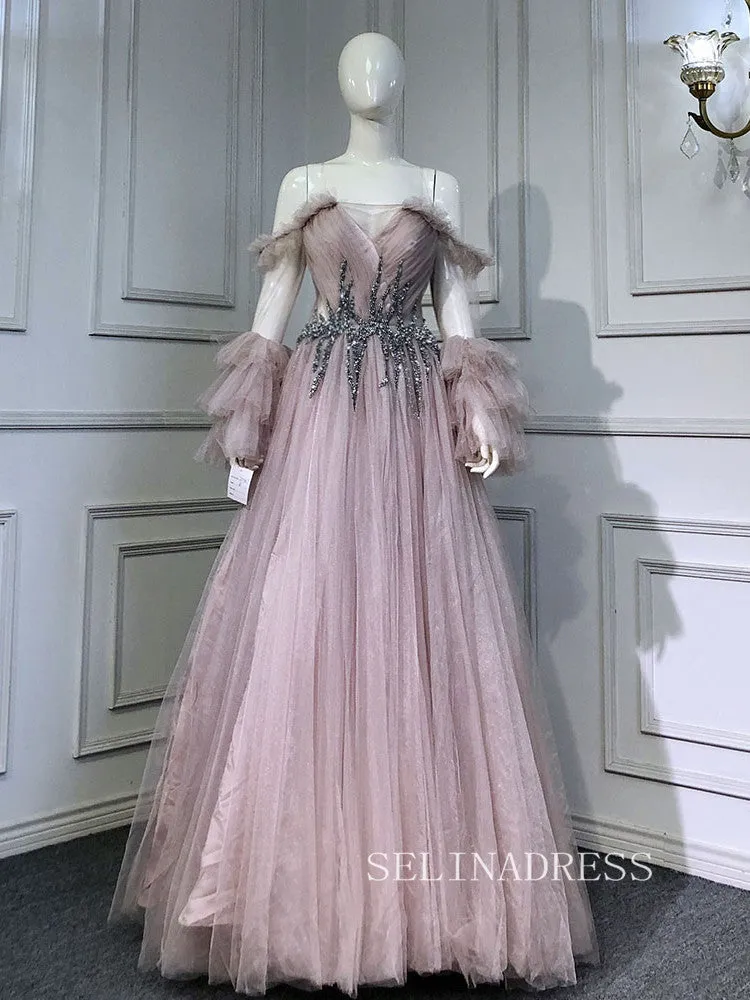 A-line Off-the-shoulder Long Sleeve Beaded Prom Dress Evening Formal Gown hlks014
