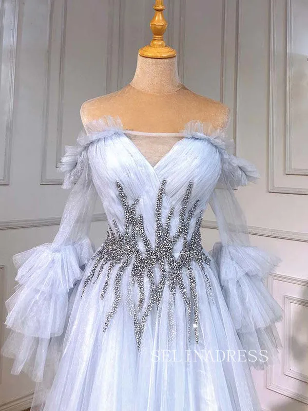 A-line Off-the-shoulder Long Sleeve Beaded Prom Dress Evening Formal Gown hlks014