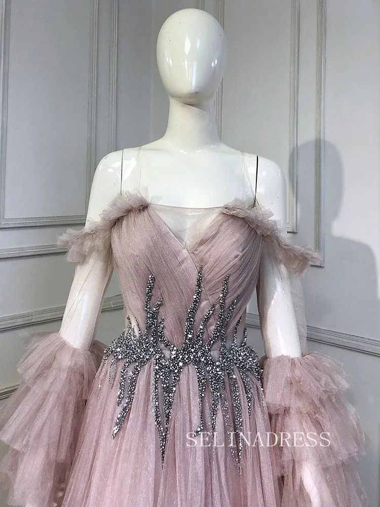 A-line Off-the-shoulder Long Sleeve Beaded Prom Dress Evening Formal Gown hlks014