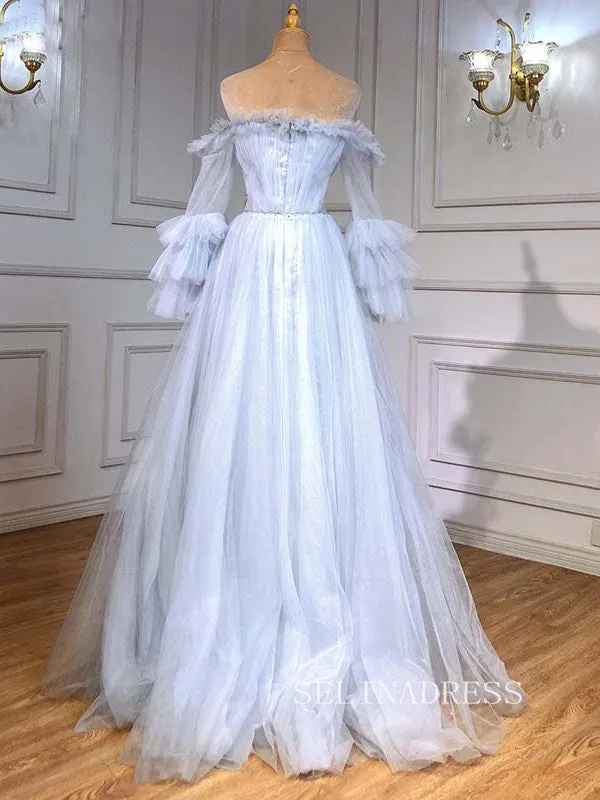 A-line Off-the-shoulder Long Sleeve Beaded Prom Dress Evening Formal Gown hlks014