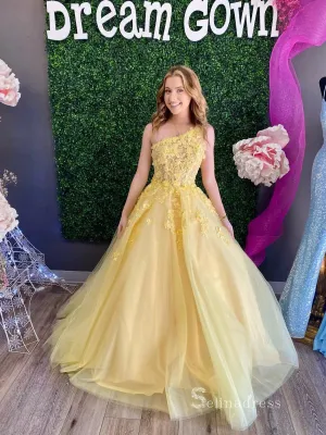 A-line One Shoulder Applique Long Prom Dresses Daffodil Evening Dresses MLK039
