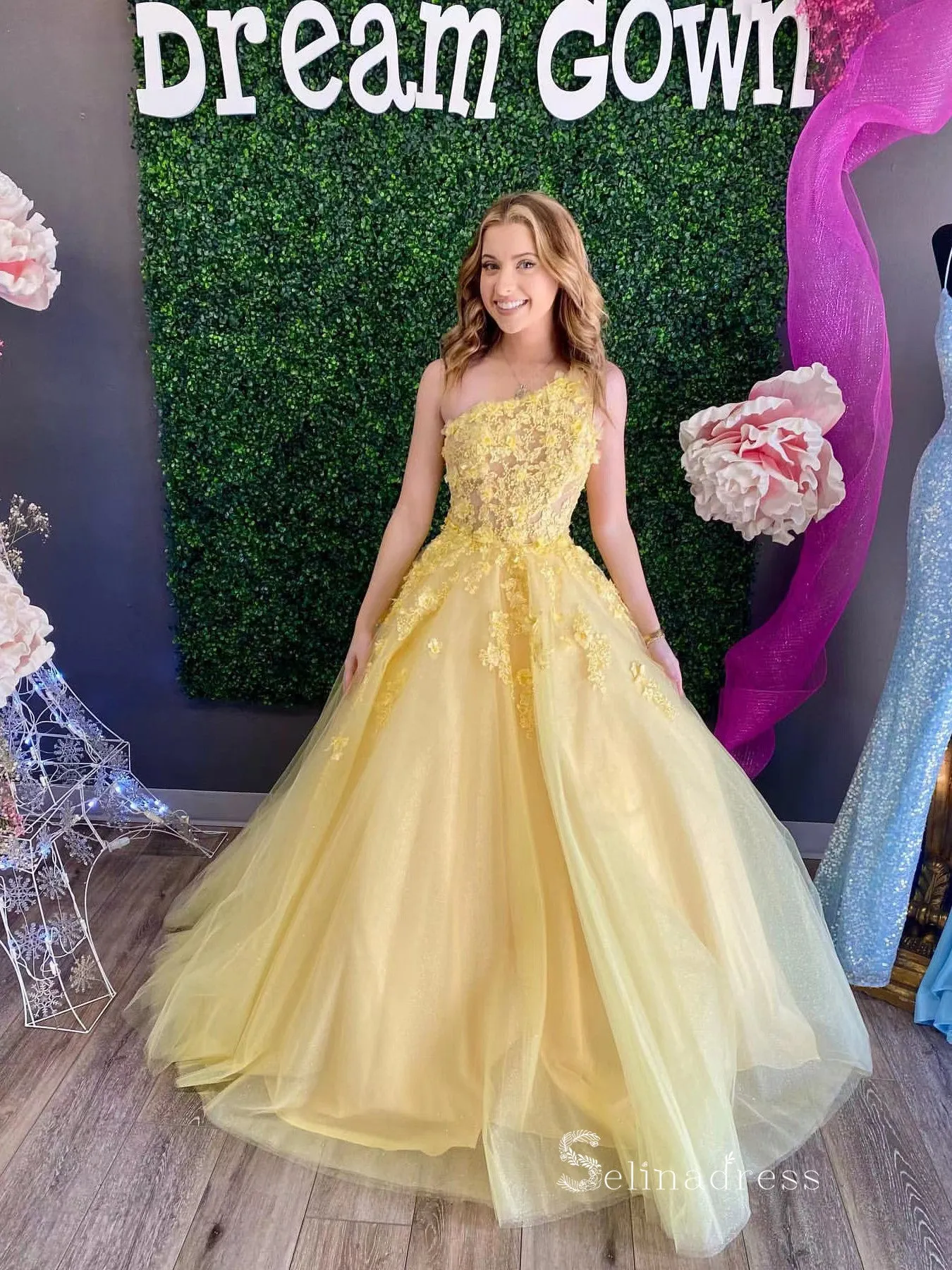 A-line One Shoulder Applique Long Prom Dresses Daffodil Evening Dresses MLK039