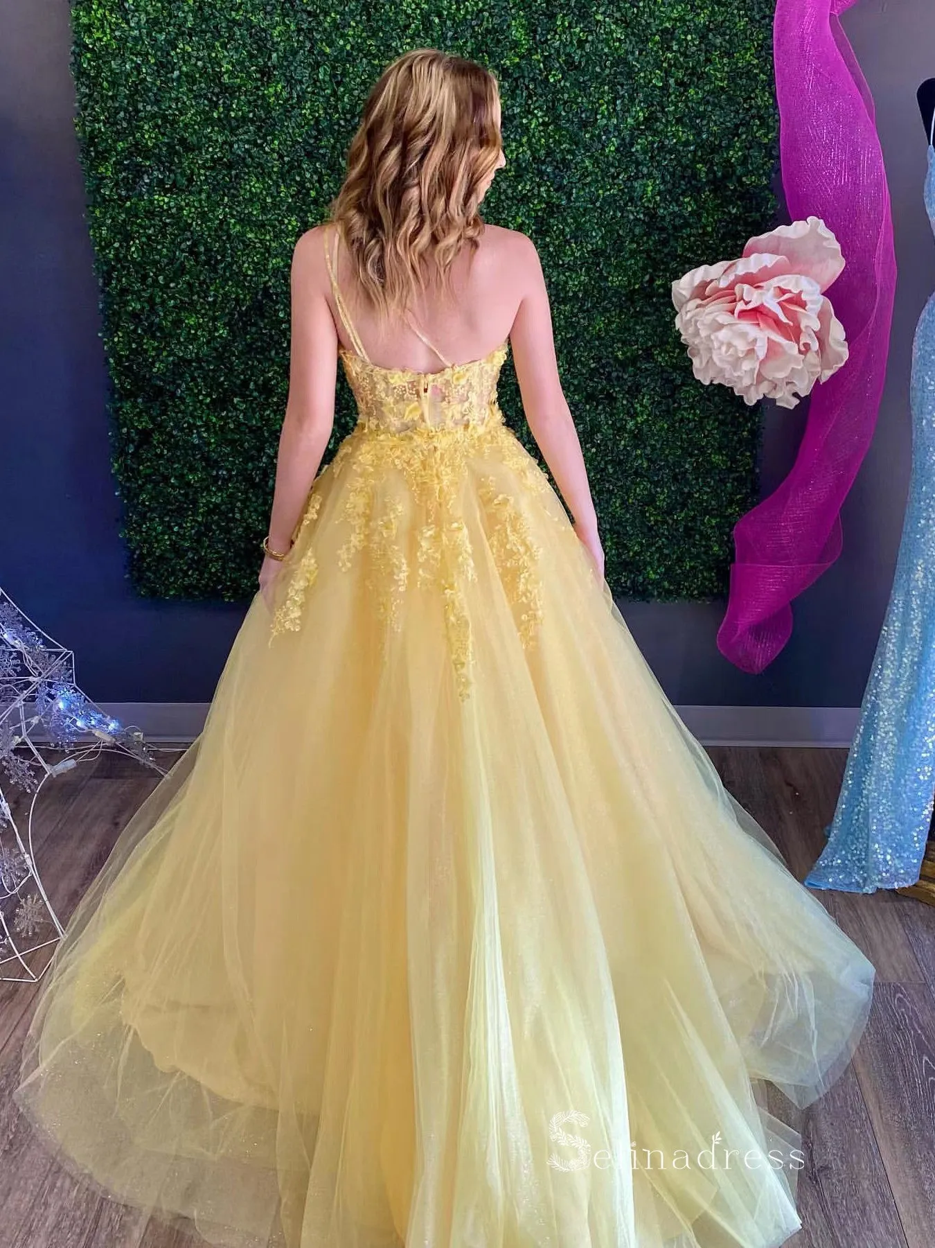 A-line One Shoulder Applique Long Prom Dresses Daffodil Evening Dresses MLK039