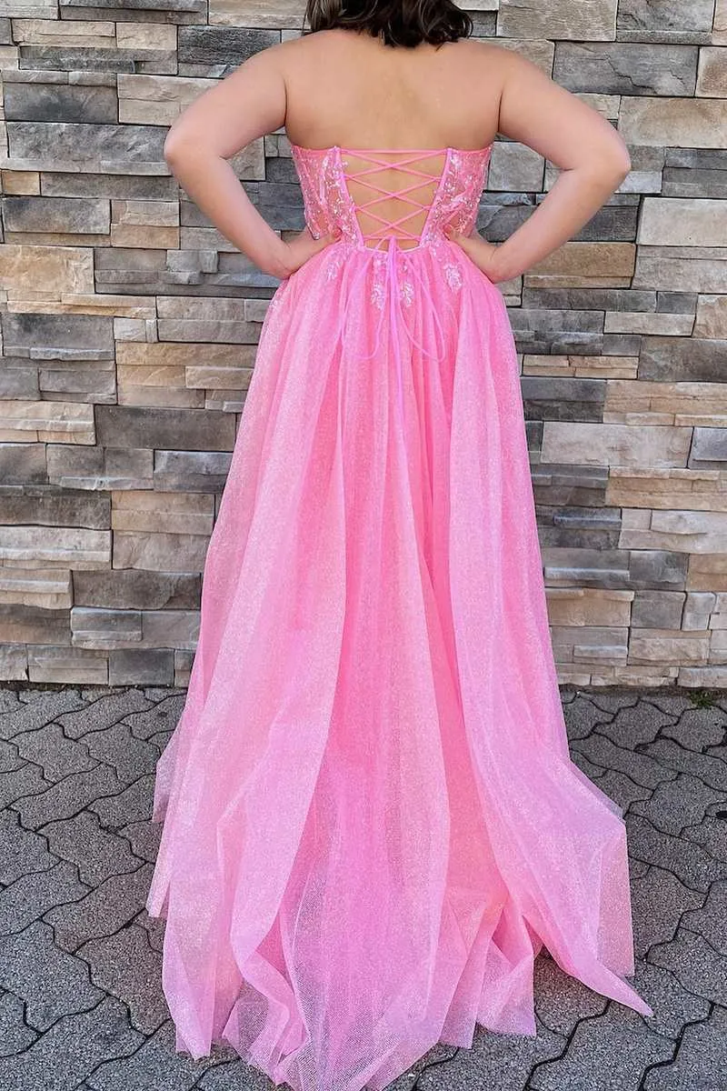 A-line Pink Floral Lace Sweetheart Lace-up Back Shiny Prom Gown #QWE007