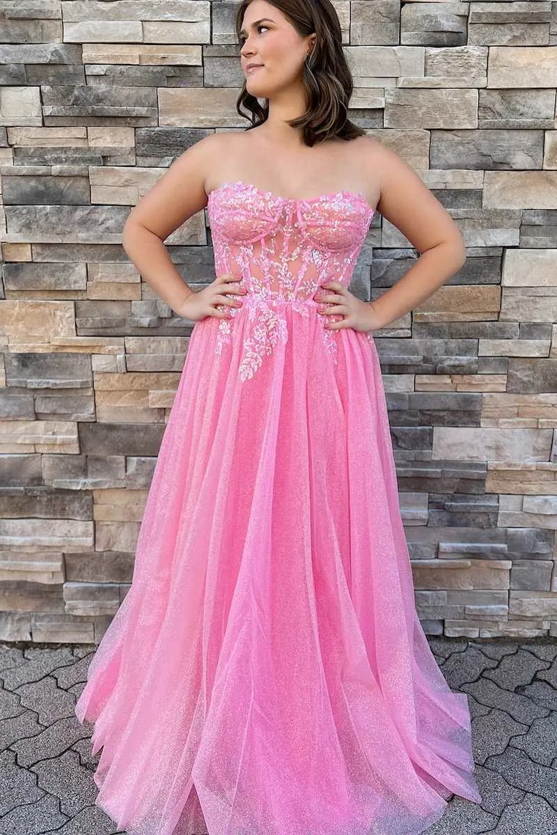 A-line Pink Floral Lace Sweetheart Lace-up Back Shiny Prom Gown #QWE007