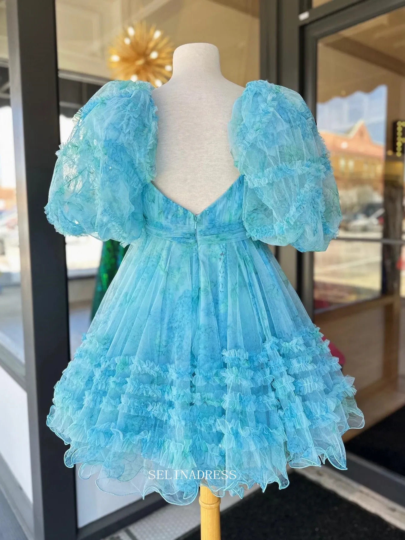 A-line Puff Sleeve Beautiful Blue Short Prom Dress Cute Tulle Homecoming Dress lop248