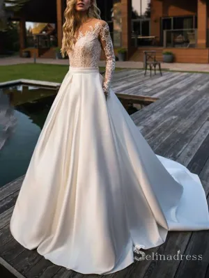 A-line Scoop Long Sleeve Wedding Dresses White Satin Bridal Gowns CBD388