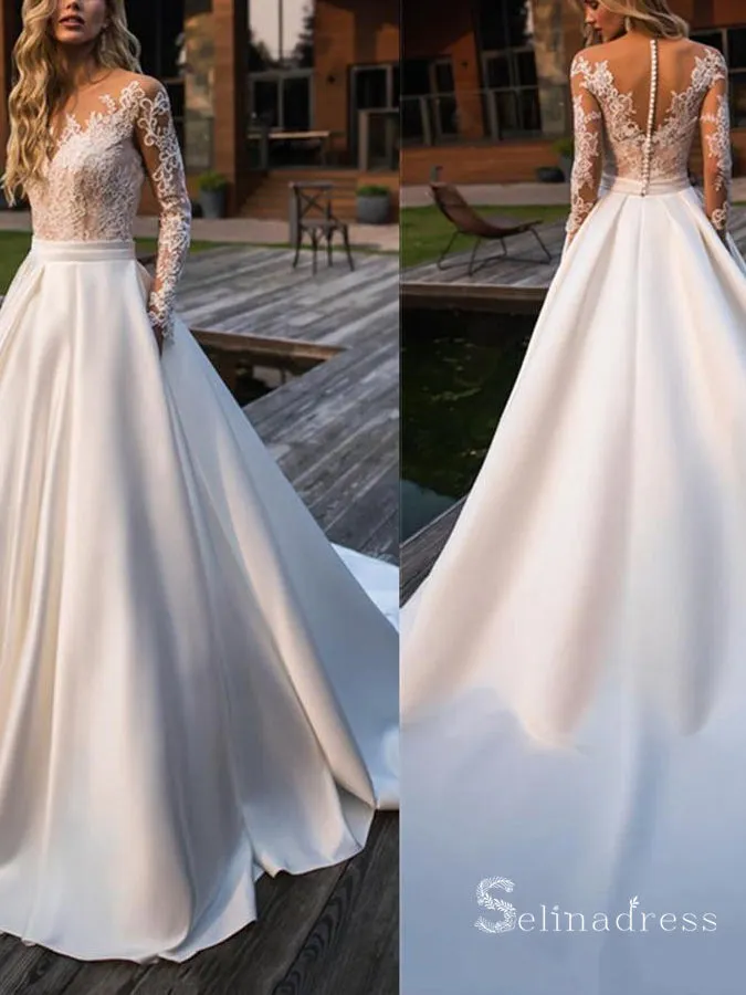 A-line Scoop Long Sleeve Wedding Dresses White Satin Bridal Gowns CBD388