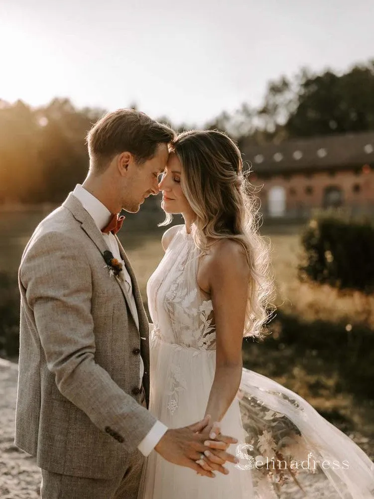 A-line Scoop Sleeveless See Through Rustic Wedding Dresses Beach Bridal Gowns CBD352
