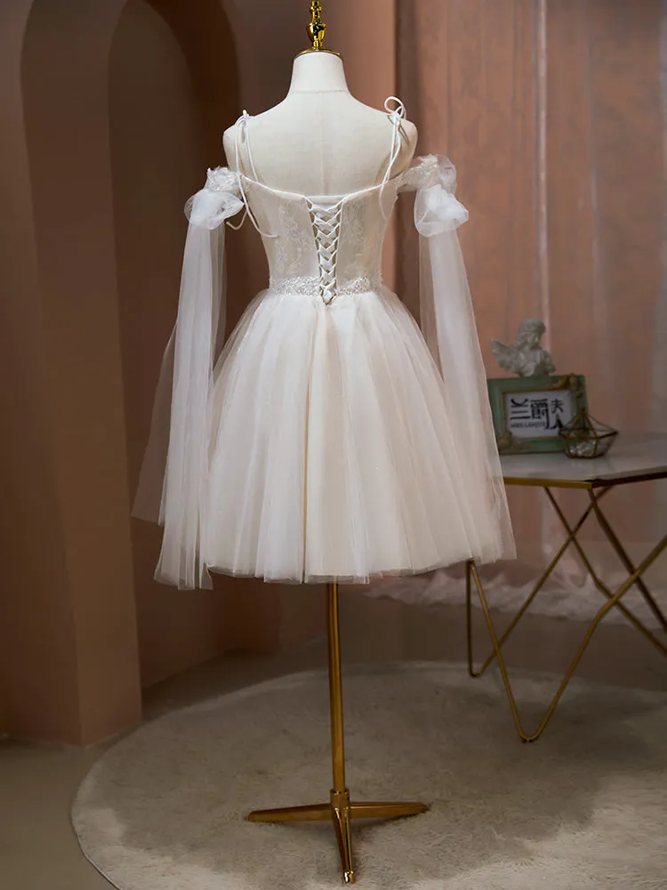 A-line Spaghetti Straps Beaded Homecoming Dress Short Graduation Dress Unique Formal Dress KTS014
