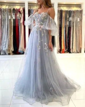 A-line Spaghetti Straps Floral Lace Long Prom Dress Cheap Evening Dresses #JKSS05