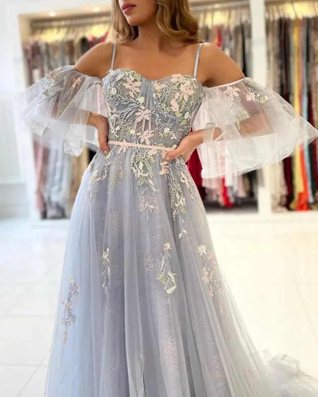 A-line Spaghetti Straps Floral Lace Long Prom Dress Cheap Evening Dresses #JKSS05