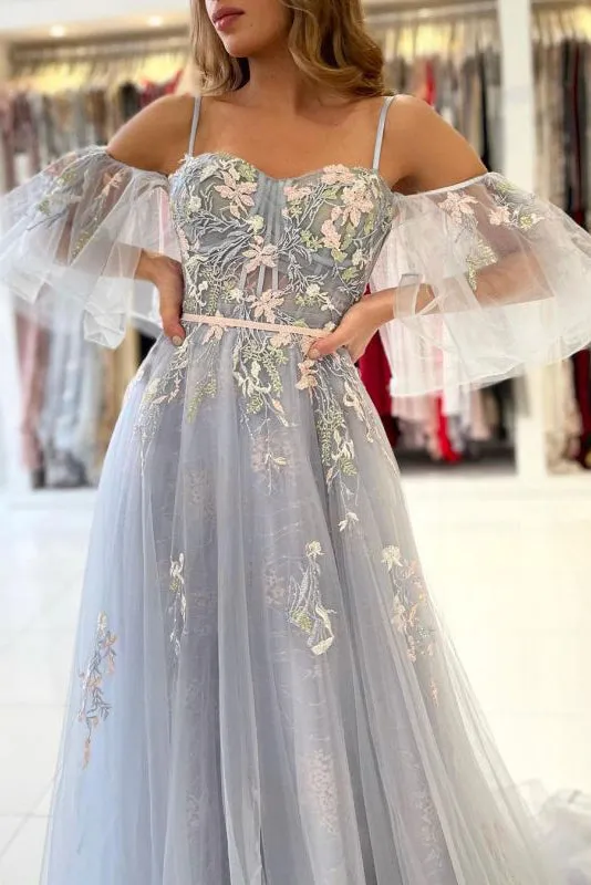 A-line Spaghetti Straps Floral Lace Long Prom Dress Cheap Evening Dresses #JKSS05