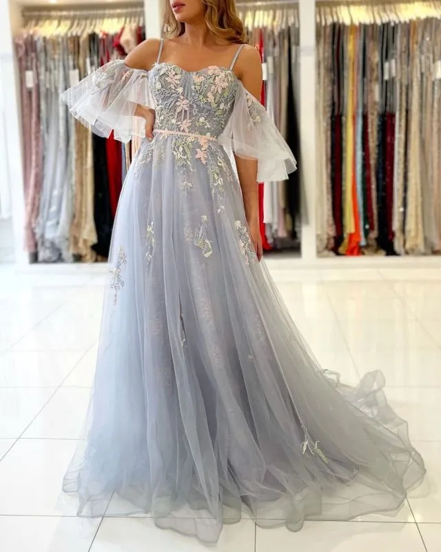 A-line Spaghetti Straps Floral Lace Long Prom Dress Cheap Evening Dresses #JKSS05