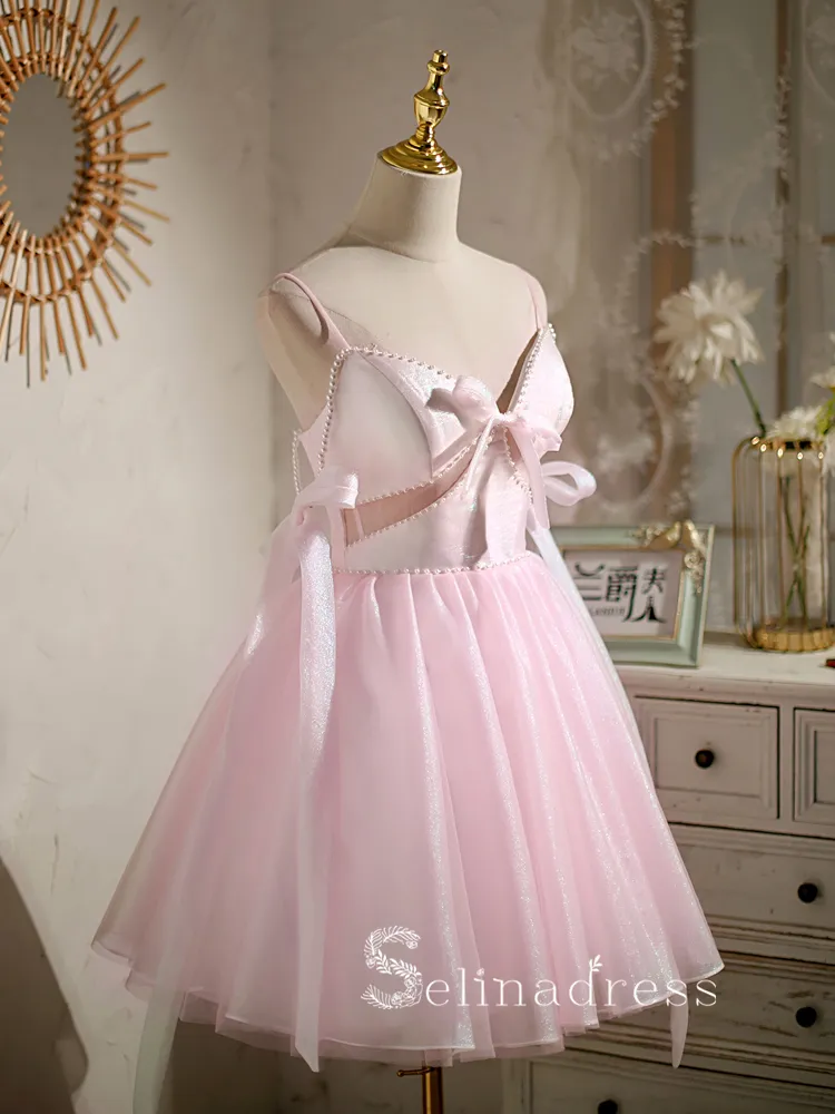 A-line Spaghetti Straps Pink Cute Short Homecoming Dress Summer Outfits THL006