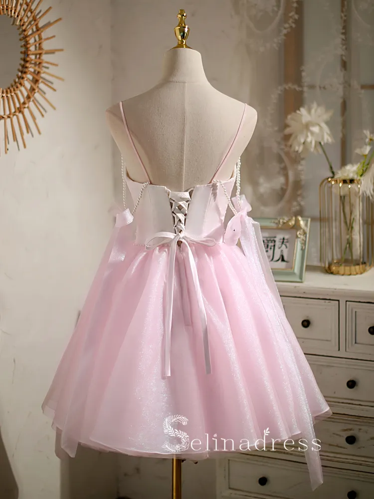 A-line Spaghetti Straps Pink Cute Short Homecoming Dress Summer Outfits THL006