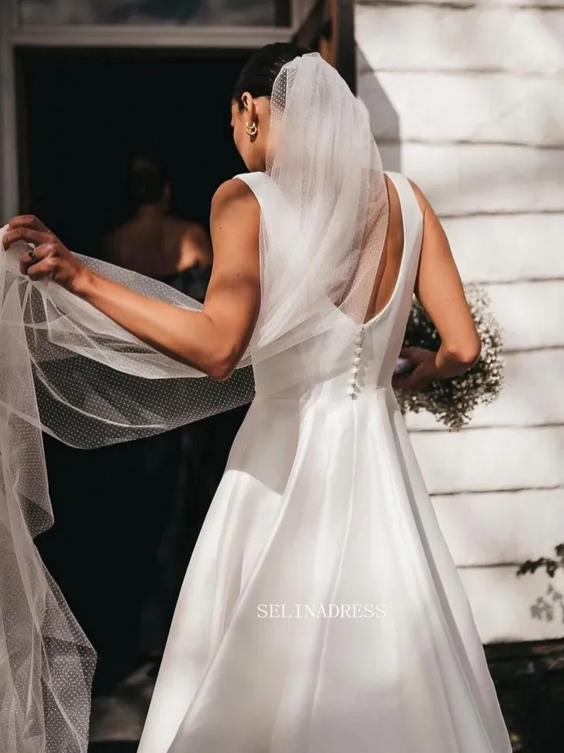 A-line Square Neck Satin Wedding Dresses Cheap Bridal Dresses EWR908
