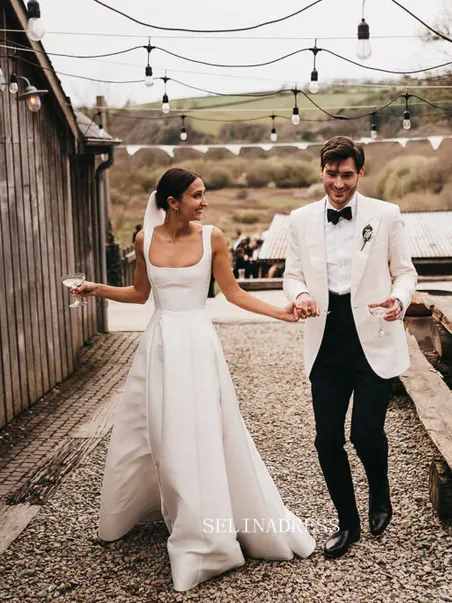 A-line Square Neck Satin Wedding Dresses Cheap Bridal Dresses EWR908