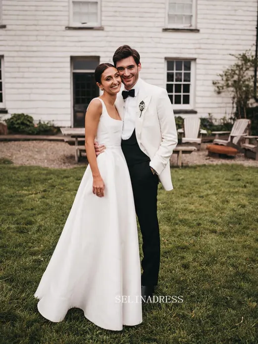 A-line Square Neck Satin Wedding Dresses Cheap Bridal Dresses EWR908