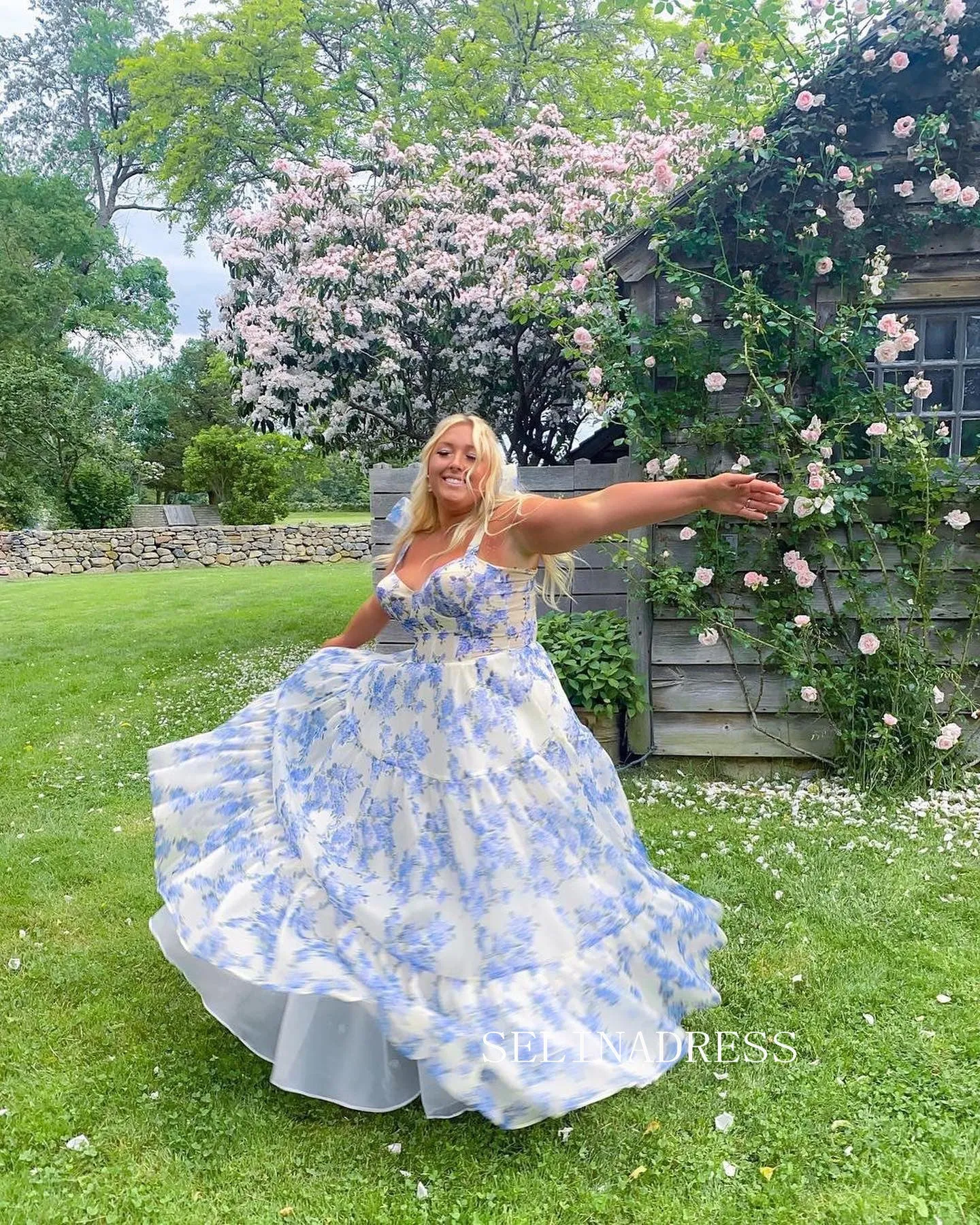 A-line Straps Bow Tie Gorgeous Blue Flower Prom Dress Party Dress #JKW006