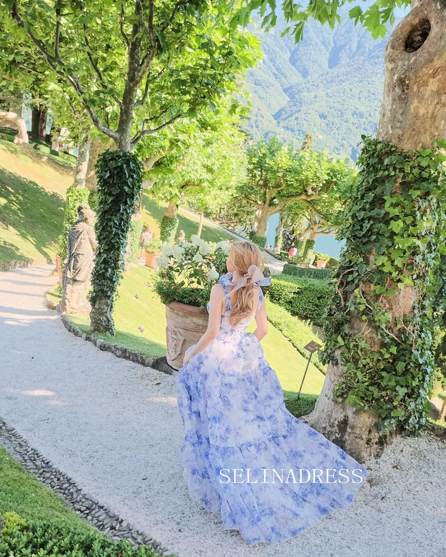 A-line Straps Bow Tie Gorgeous Blue Flower Prom Dress Party Dress #JKW006