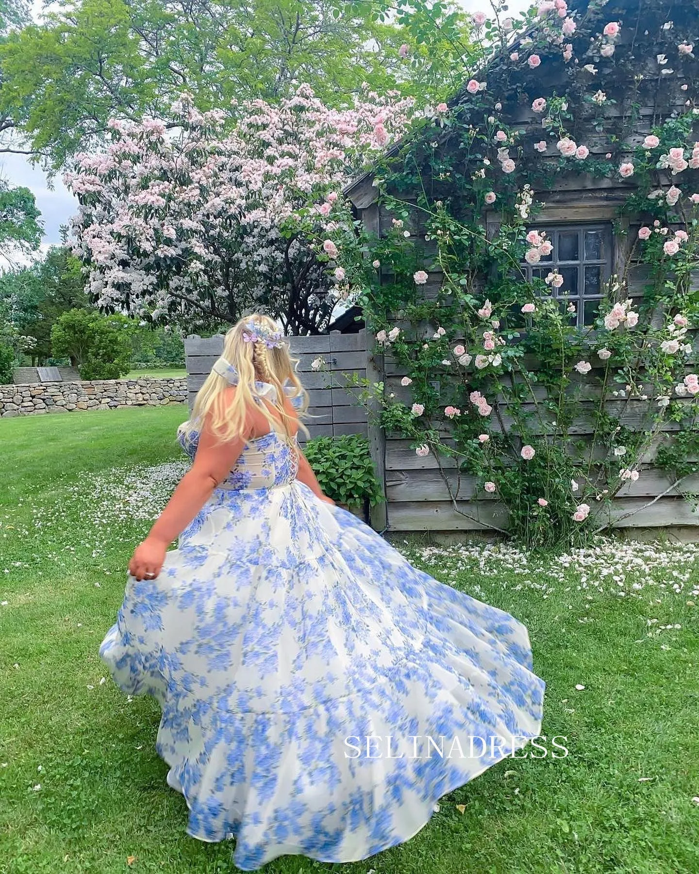 A-line Straps Bow Tie Gorgeous Blue Flower Prom Dress Party Dress #JKW006
