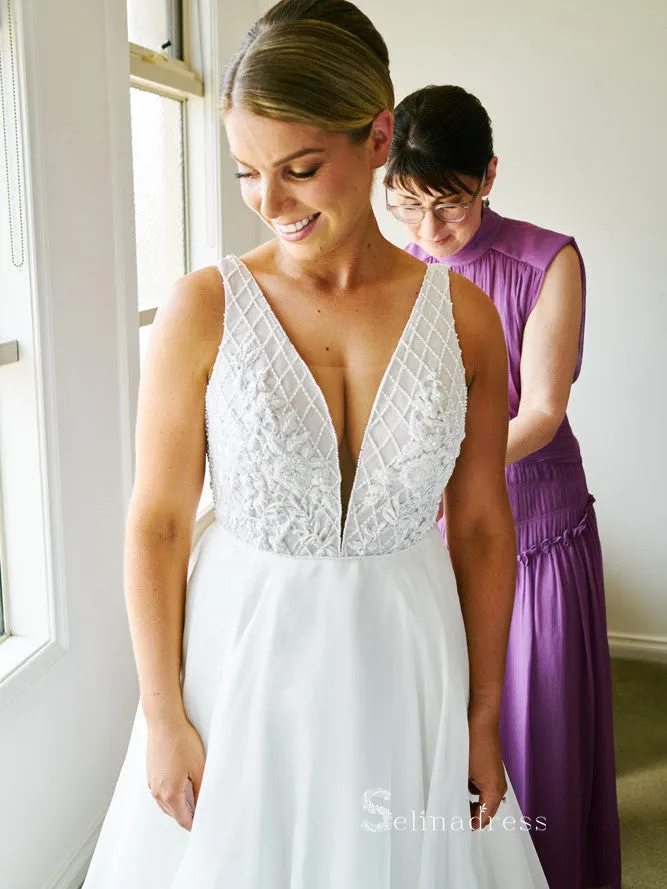 A-line Straps White Beaded Wedding Dresses Cheap Rustic Bridal Gowns MHL2855