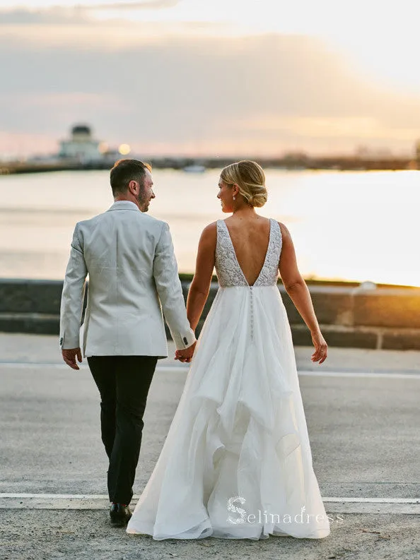 A-line Straps White Beaded Wedding Dresses Cheap Rustic Bridal Gowns MHL2855