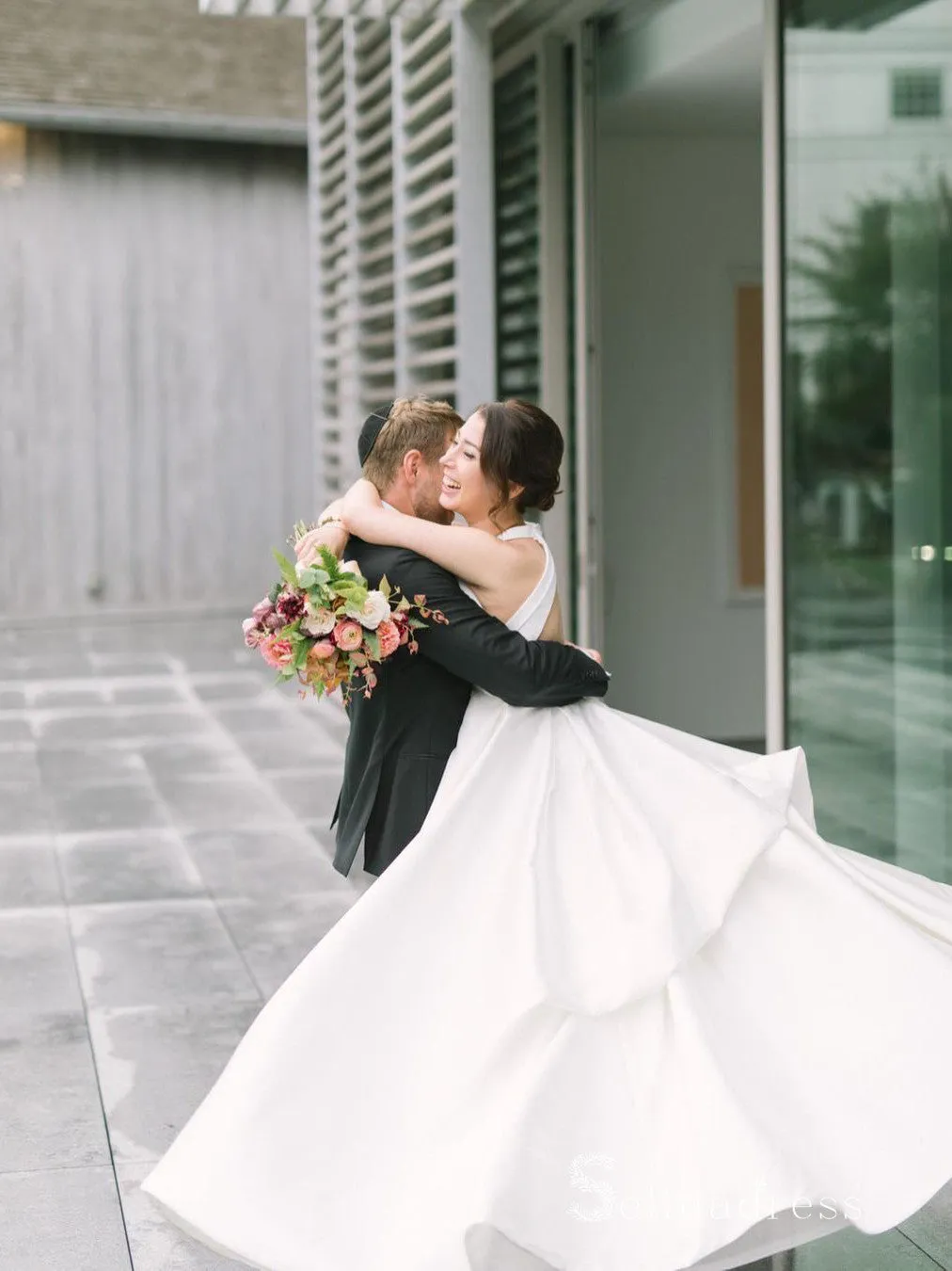 A-line Straps White Wedding Dresses Satin Wedding Gowns CBD365