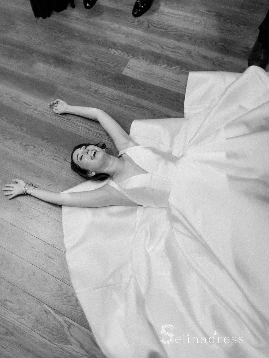 A-line Straps White Wedding Dresses Satin Wedding Gowns CBD365