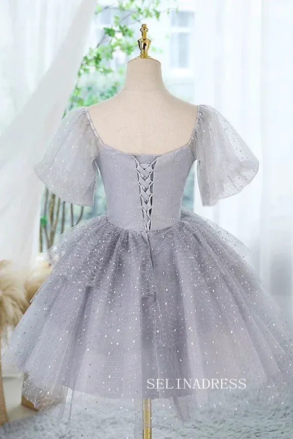 A-Line Tulle Gray Short Prom Dress Cute Lace Homecoming Dress #TKL2117