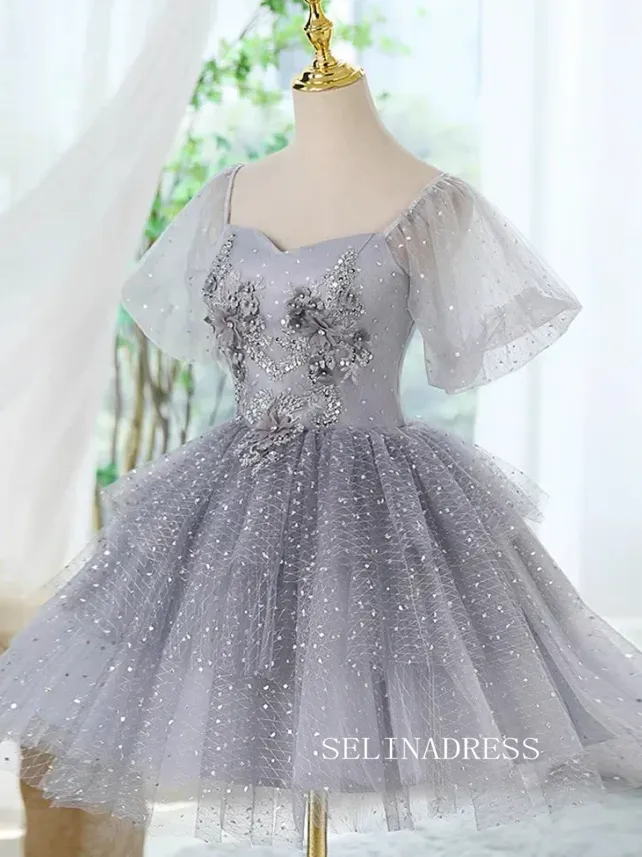 A-Line Tulle Gray Short Prom Dress Cute Lace Homecoming Dress #TKL2117