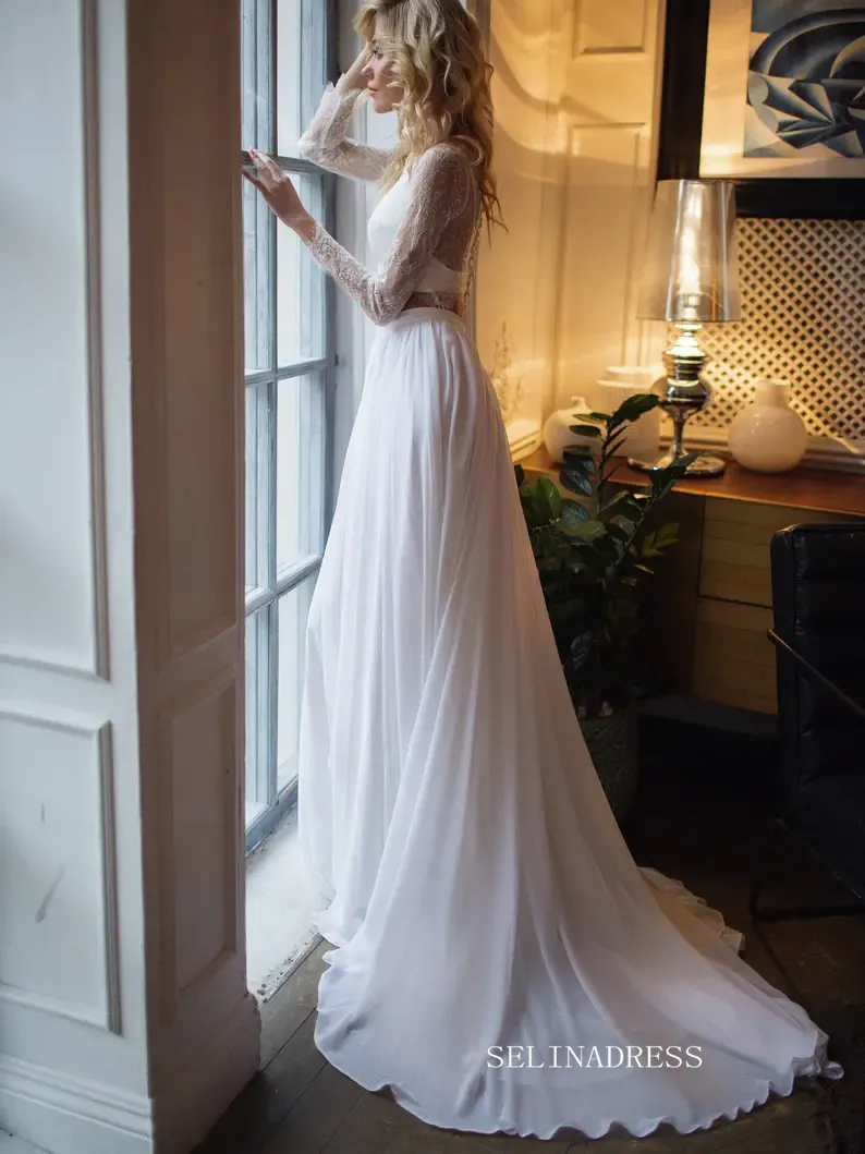 A-line Two Pieces Long Sleeve Wedding Dress Rustic Chiffon Country Wedding Dresses KTC009