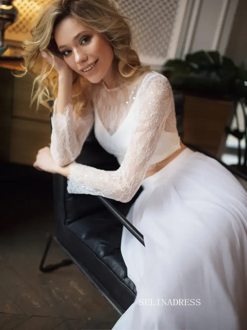 A-line Two Pieces Long Sleeve Wedding Dress Rustic Chiffon Country Wedding Dresses KTC009