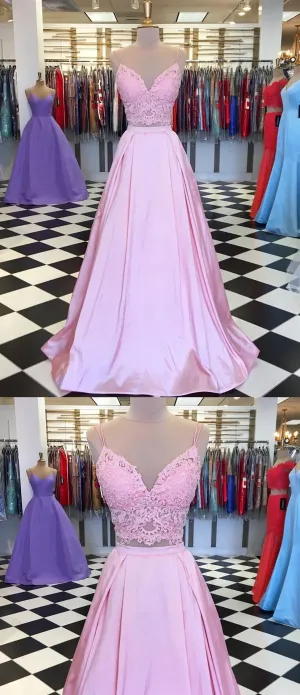 A Line V Neck 2 Pieces Pink Lace Prom Dresses Pink 2 Pieces Lace Formal Graduation Evening Dresses C0125